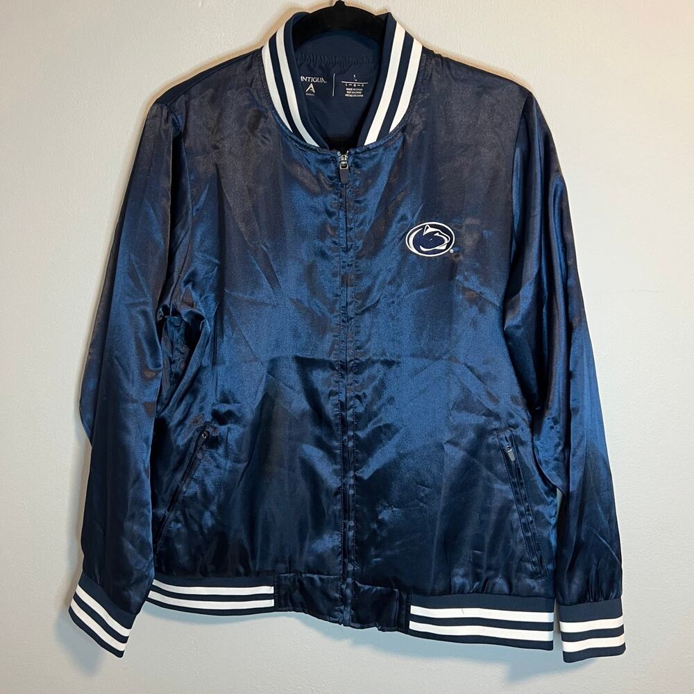 Penn State Nittany Lions Antigua Satin Bomber Varsity Jacket Navy NCAA Womenโs L